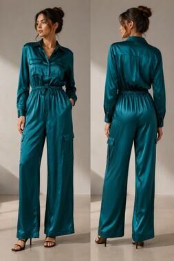 EXPRESS Green Satin Cargo Utility Jumpsuit Wide Leg Drawstring Waist Size Small